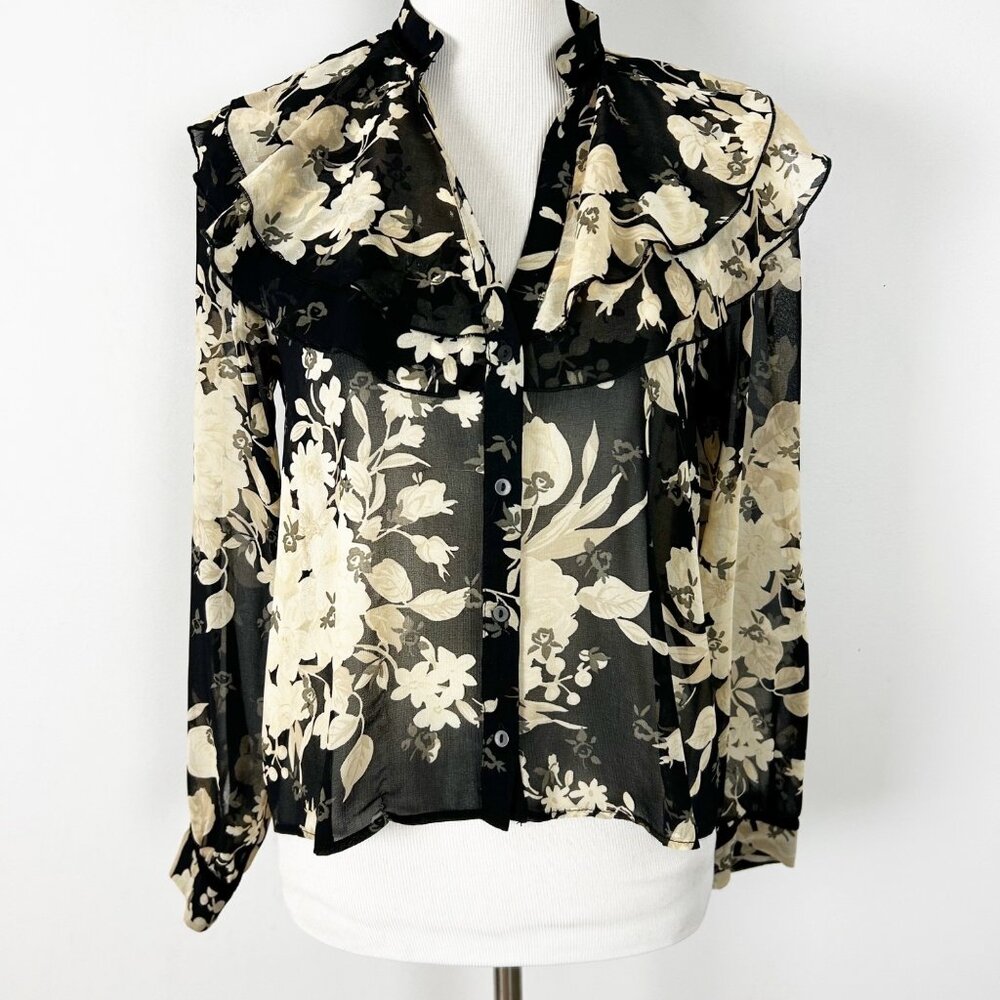 Zara Floral Ruffle Semi-sheer Top‎ Loose Flowy Boho Size Small Women's